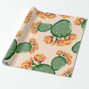 Trendy Bohemian Prickly Pear Cactus & Flowers Wrapping Paper