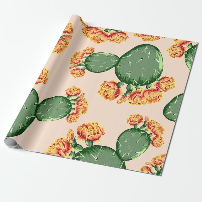 Trendy Bohemian Prickly Pear Cactus & Flowers Wrapping Paper (Unrolled)