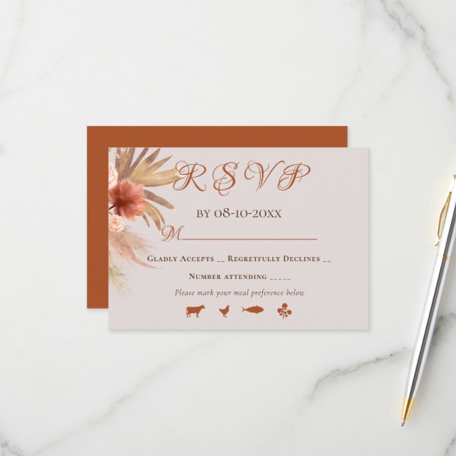 Trendy Bohemian Terracotta Boho Floral Bouquet RSV RSVP Card (Front/Back In Situ)