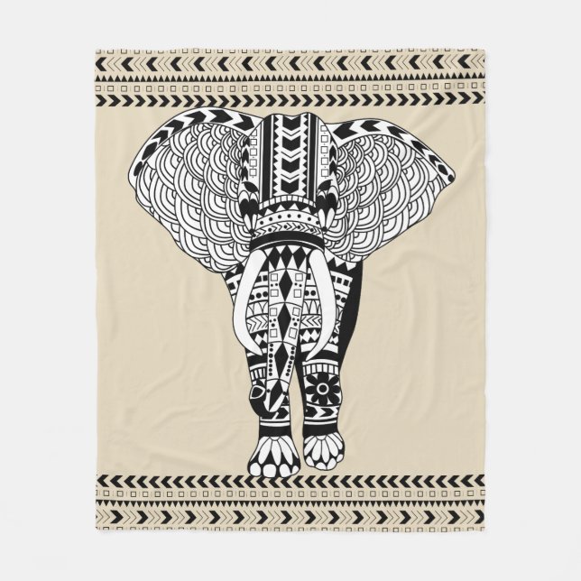 Trendy Bohemian Tribal Patterned Elephant Fleece Blanket (Front)