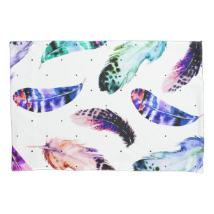 Trendy Bohemian Watercolor Feathers Polka Dots Pillowcase
