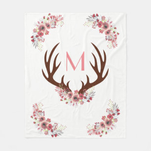 Trendy Bohemian Watercolor Flowers Deer Antlers Fleece Blanket
