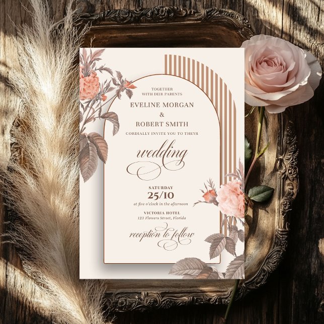 Trendy boho arch blush living roses ivory brown invitation (Trendy boho arch blush living roses ivory brown invitation)
