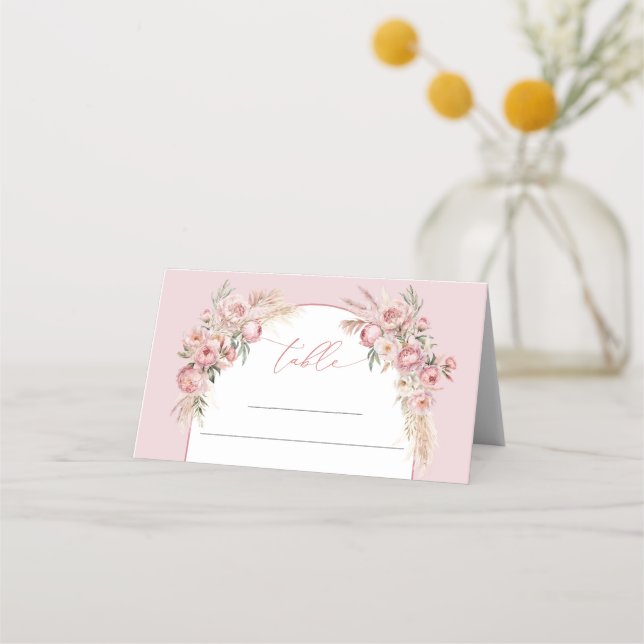 Trendy boho arch blush pink peonies pampas sage  place card (Front)