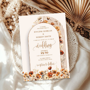 Trendy boho arch dried terracotta wildflowers rust invitation