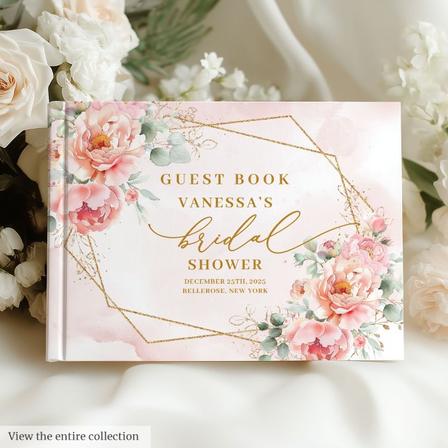 Trendy Boho Blush Pink Gold Floral Bridal Shower  Guest Book (Trendy Boho Blush Pink Gold Floral Bridal Shower Guest Book)