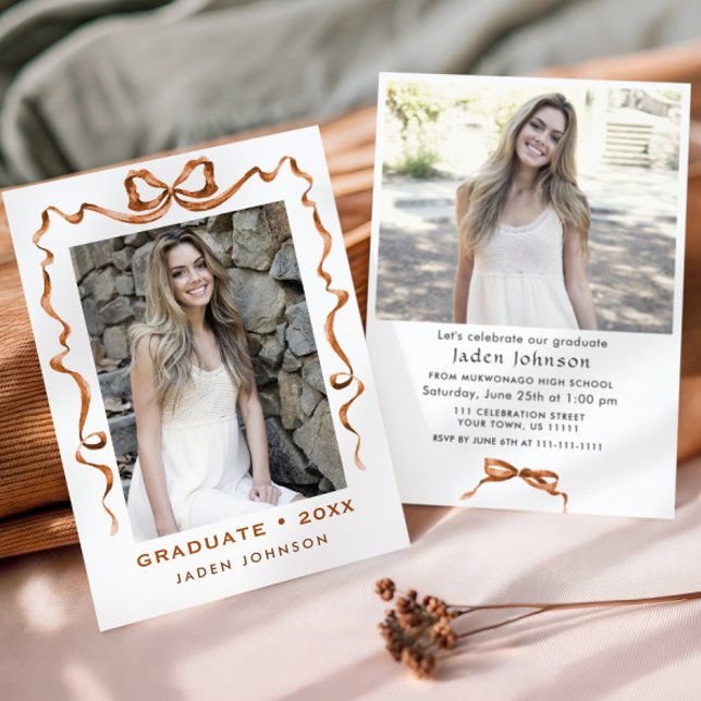 Trendy Boho Bow Ribbon 2 PHOTO Graduation Party Invitation (Creator Uploaded)