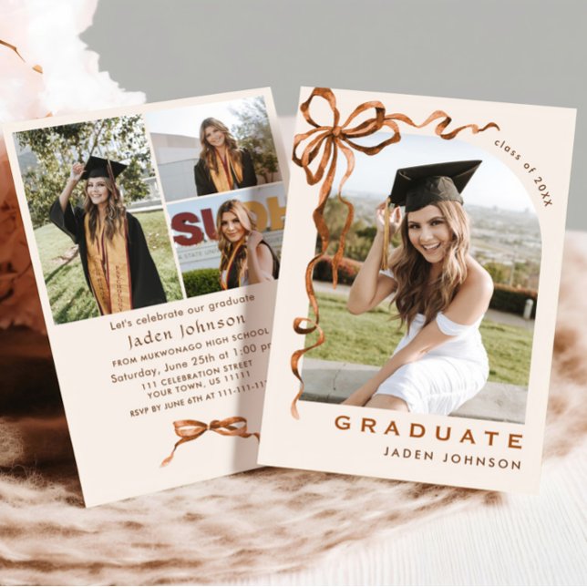 Trendy Boho Bow Ribbon 4 PHOTO Graduation Party Invitation (Creator Uploaded)