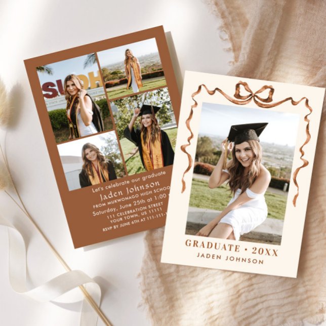 Trendy Boho Bow Ribbon 5 PHOTO Graduation Party Invitation (Creator Uploaded)