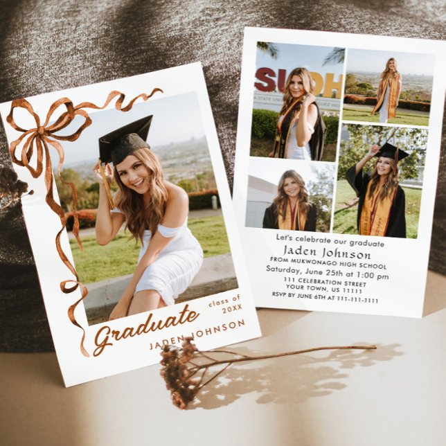 Trendy Boho Bow Ribbon 5 PHOTO Graduation Party Invitation (Creator Uploaded)