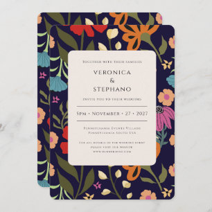 Trendy boho bright colourful floral wedding invitation