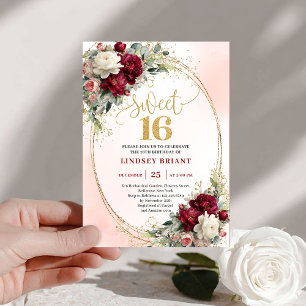 Trendy Boho Burgundy Gold Floral Sweet Sixteen Invitation