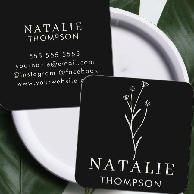 Trendy Boho Chic Minimalist Black And White Flower Square Business Card (Creator Uploaded)