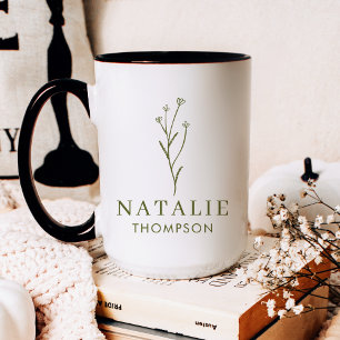 Trendy Boho Chic Olive Green Flower Personalized Coffee Mug