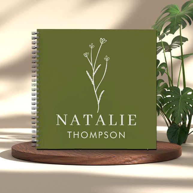Trendy Boho Chic Personalised Name Olive Green Notebook (Creator Uploaded)