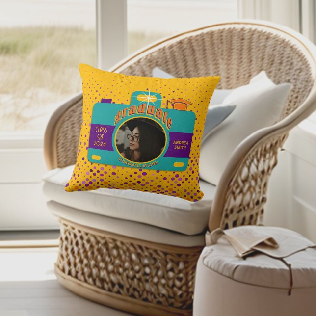 Trendy Boho Colourful Retro Fun Art Graduate Photo Cushion (Creator Uploaded)