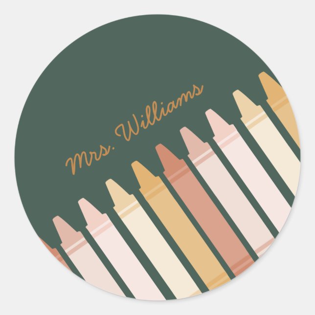 Trendy Boho Colours Crayon Teacher Name Classic Round Sticker (Front)