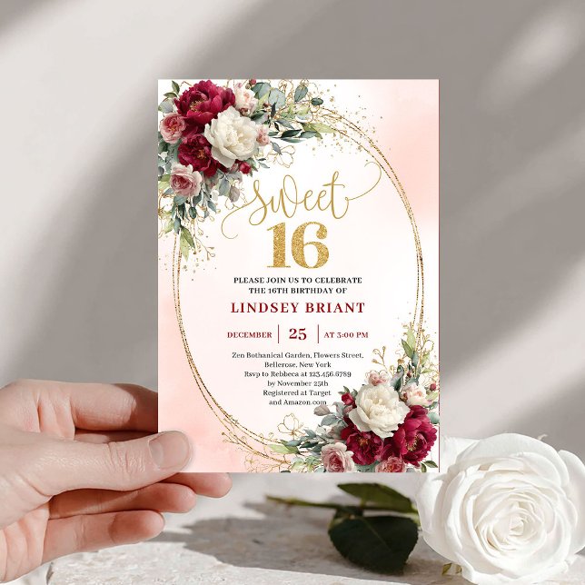 Trendy Boho Deep Red Gold Floral Sweet Sixteen  Invitation (Trendy Boho Deep Red Gold Floral Sweet Sixteen Invite)