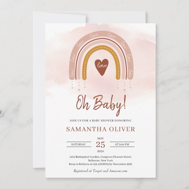 Trendy Boho Dusty Pink Rainbow Copper Oh Baby Invitation (Front)