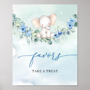 Trendy boho elephant blue floral eucalyptus favour poster