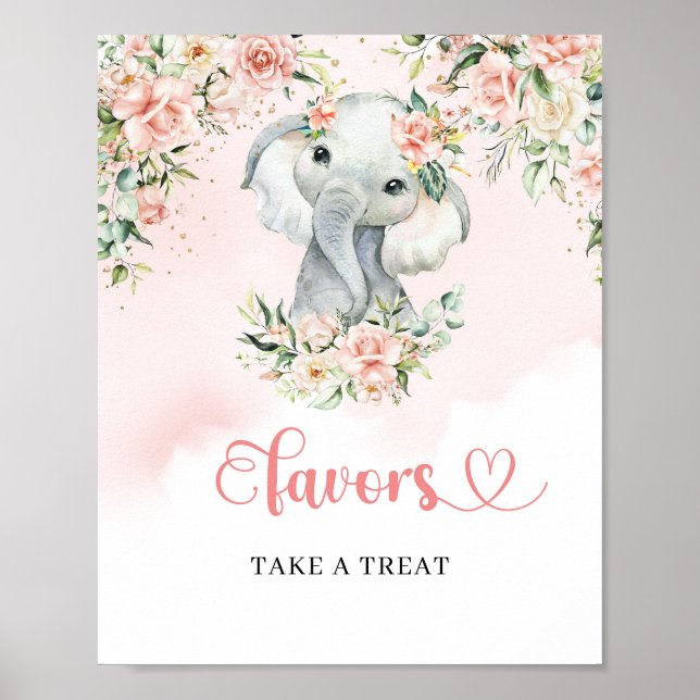 Trendy boho elephant blue floral eucalyptus favour poster (Front)