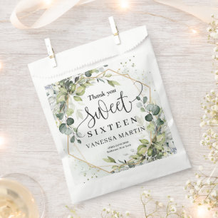 Trendy boho eucalyptus greenery gold sweet sixteen favour bag