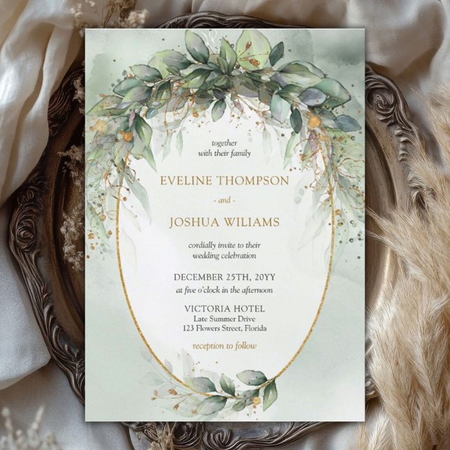 Trendy boho eucalyptus greenery gold wedding invitation (Modern watercolor eucalyptus wreath gold frame wedding invitation digital)