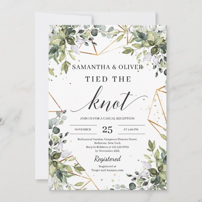 Trendy boho greenery eucalyptus tied the knot invitation (Front)