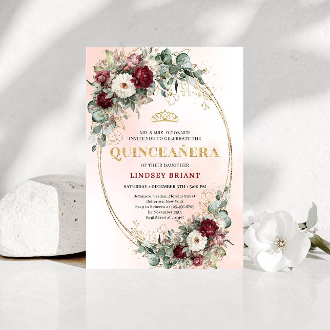 Trendy Boho Maroon Floral Eucalyptus Quince Invite (Trendy Boho Maroon Floral Eucalyptus Quince Invite)