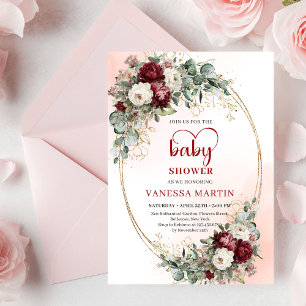 Trendy Boho Maroon Floral Gold Accent Baby Shower Invitation
