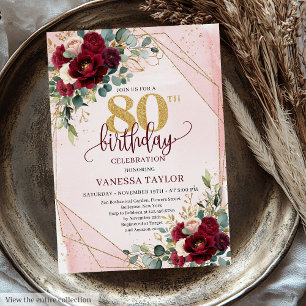 Trendy Boho Marsala Gold Flowers 80th Birthday  Invitation