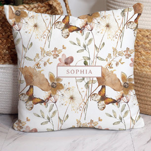 Trendy Boho Neutral Autumn Wildflowers on White Cushion