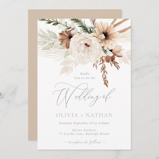 Trendy Boho Neutral Florals Wedding Invitation (Front/Back)