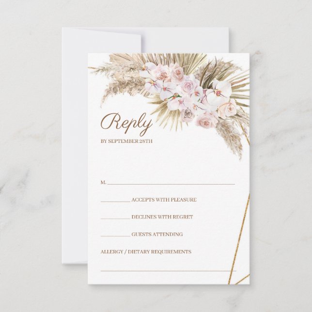 Trendy Boho Pampas Grass Dusty Rose Dried Palm  RSVP Card (Front)