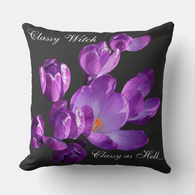 Trendy boho purple flowers black modern vintage cushion (Front)