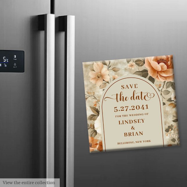 Trendy Boho Rust Beige Olive Floral Save the Date Magnet (Trendy Boho Rust Beige Olive Floral Save the Date)