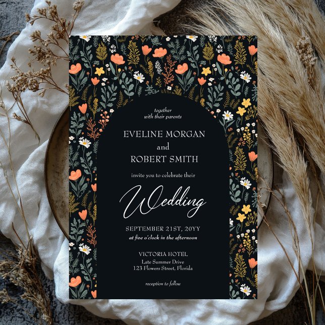 Trendy Boho spring wild flowers navy arch Invitation (groovy retro flat cotagecore wild flowers wedding invitation)
