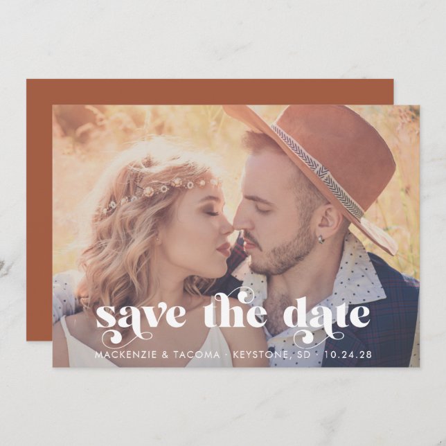 Trendy Boho Typography Photo Save the Date (Front/Back)