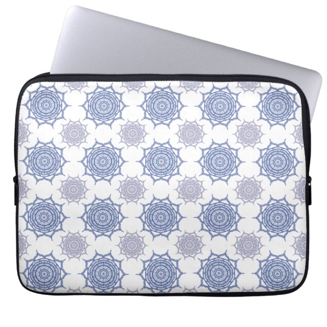 Trendy Boho Winter Blue, White Mandala Pattern Zen Laptop Sleeve (Front)