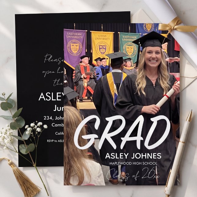 Trendy bold  black and white photo grad invitation (Creator Uploaded)