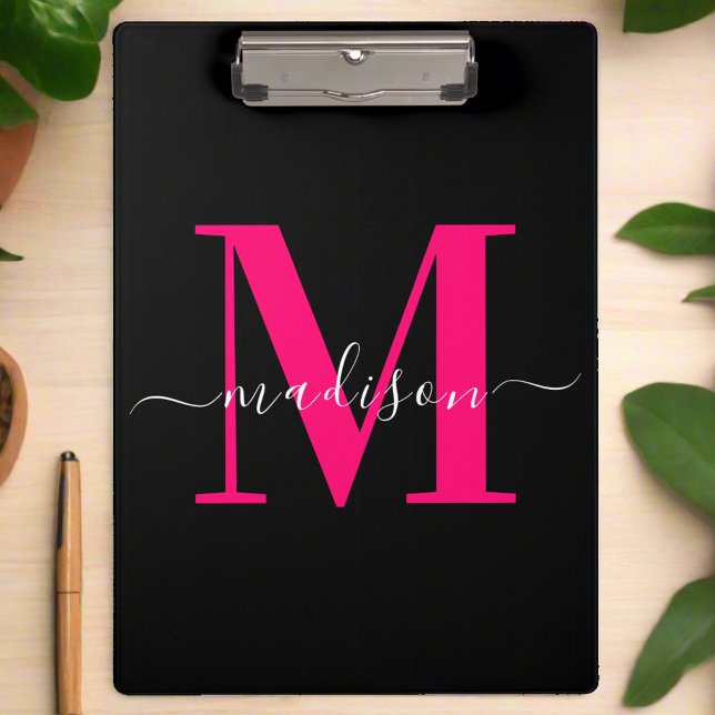 Trendy Bold Hot Pink & Black Monogram Girly  Clipboard (Creator Uploaded)