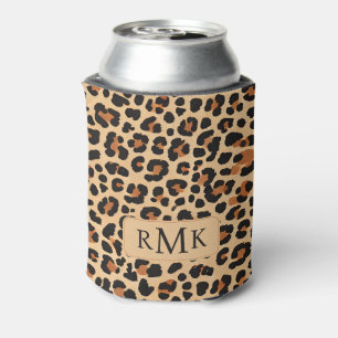 Trendy Bold Leopard Print Custom 3 Letter Monogram Can Cooler