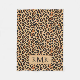 Trendy Bold Leopard Print Custom 3 Letter Monogram Fleece Blanket