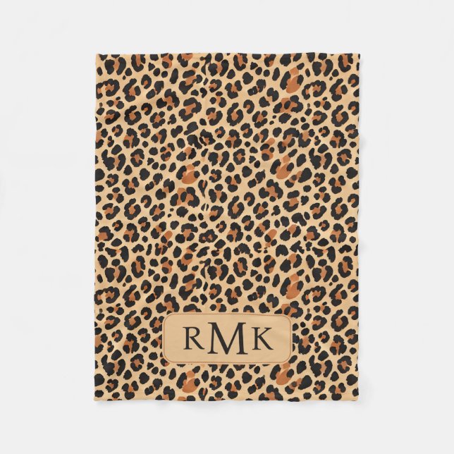 Trendy Bold Leopard Print Custom 3 Letter Monogram Fleece Blanket (Front)