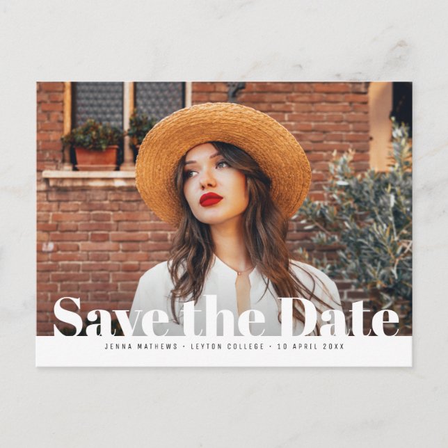 Trendy bold photo graduation photo save the date postcard (Front)