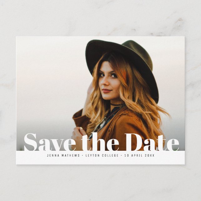 Trendy bold photo graduation save the date postcard (Front)