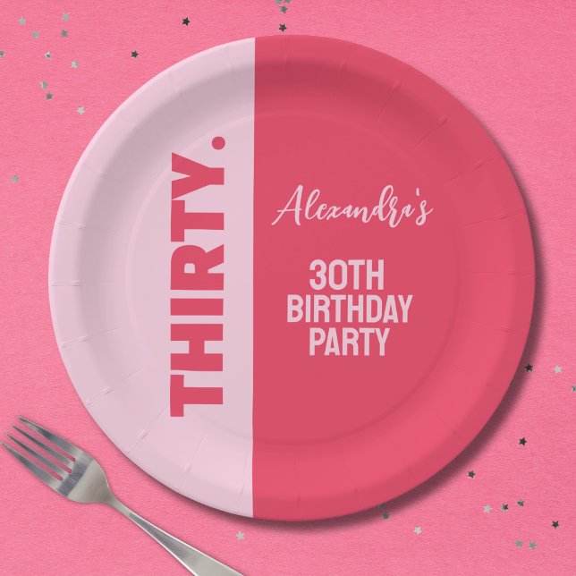 Trendy Bold Pink and Red Girly 30th Birthday Paper Plate (Creator Uploaded)