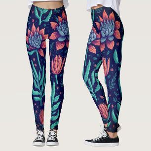 Trendy Bold Red Green Garden Succulents Floral Leggings