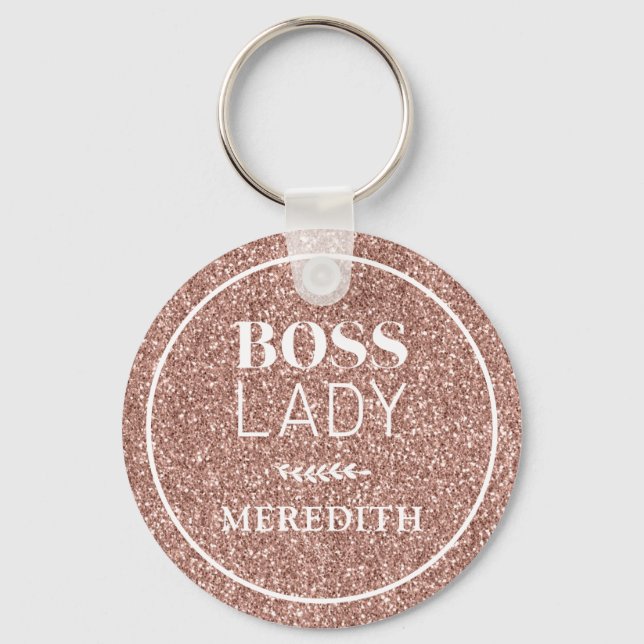 Trendy Boss Lady Rose Gold Glitter Personalised Key Ring (Front)