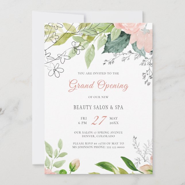 Trendy botanical modern beauty salon grand opening invitation (Front)